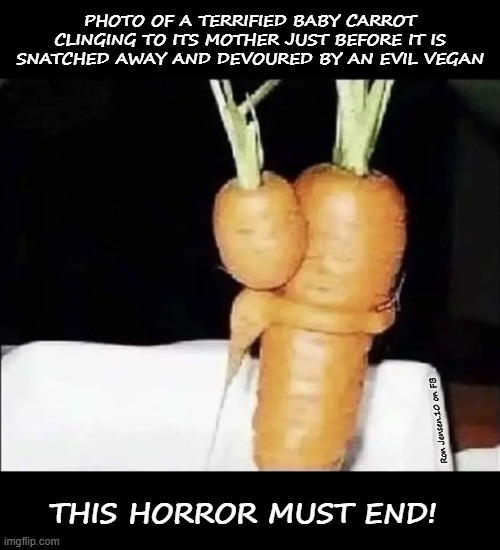 The Horror...The Horror | PHOTO OF A TERRIFIED BABY CARROT CLINGING TO ITS MOTHER JUST BEFORE IT IS SNATCHED AWAY AND DEVOURED BY AN EVIL VEGAN; Ron Jensen.10 on FB; THIS HORROR MUST END! | image tagged in carrots,carrot,vegan,vegans,veganism,murder | made w/ Imgflip meme maker