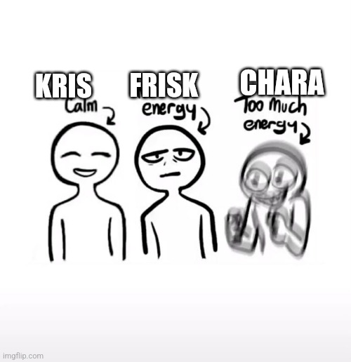 KFC energy status | CHARA; FRISK; KRIS | image tagged in calm no energy too much energy | made w/ Imgflip meme maker
