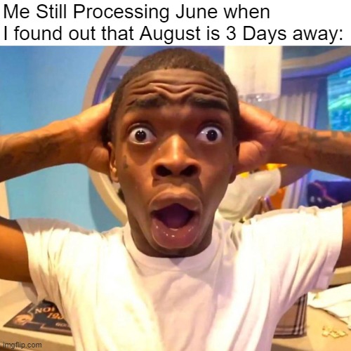 STAAAAAAHP! | Me Still Processing June when I found out that August is 3 Days away: | image tagged in shocked black guy hd,memes | made w/ Imgflip meme maker