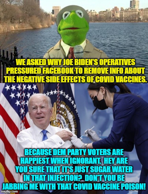 As his dementia progresses . . . Joe becomes more honest. | WE ASKED WHY JOE BIDEN'S OPERATIVES PRESSURED FACEBOOK TO REMOVE INFO ABOUT THE NEGATIVE SIDE EFFECTS OF COVID VACCINES. BECAUSE DEM PARTY VOTERS ARE HAPPIEST WHEN IGNORANT.  HEY ARE YOU SURE THAT IT'S JUST SUGAR WATER IN THAT INJECTION?  DON'T YOU BE JABBING ME WITH THAT COVID VACCINE POISON! | image tagged in kermit news report | made w/ Imgflip meme maker