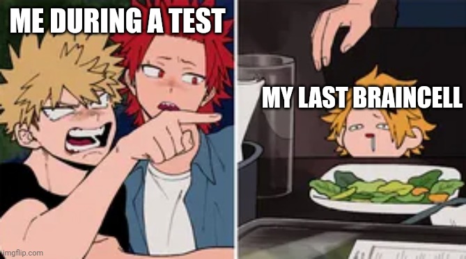 Bakugo yelling at Denki | ME DURING A TEST; MY LAST BRAINCELL | image tagged in bakugo yelling at denki | made w/ Imgflip meme maker