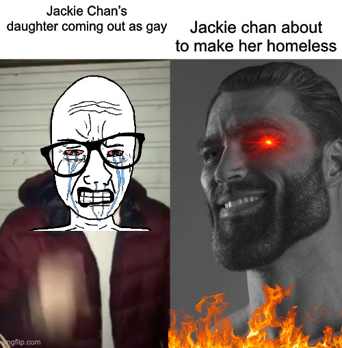 Average Fan vs Average Enjoyer | Jackie chan about to make her homeless; Jackie Chan’s daughter coming out as gay | image tagged in average fan vs average enjoyer | made w/ Imgflip meme maker