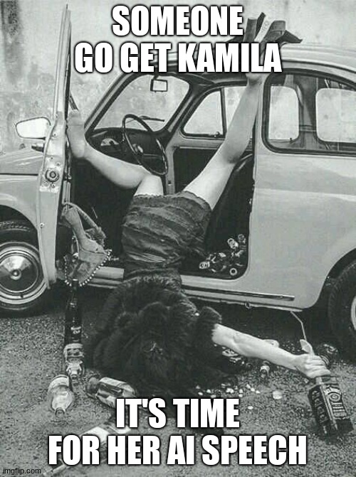 Drunk Girl  | SOMEONE GO GET KAMILA IT'S TIME FOR HER AI SPEECH | image tagged in drunk girl | made w/ Imgflip meme maker