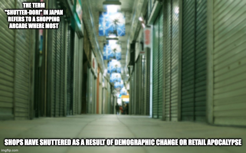 Shutter-Dori | THE TERM "SHUTTER-DORI" IN JAPAN REFERS TO A SHOPPING ARCADE WHERE MOST; SHOPS HAVE SHUTTERED AS A RESULT OF DEMOGRAPHIC CHANGE OR RETAIL APOCALYPSE | image tagged in arcade,memes | made w/ Imgflip meme maker