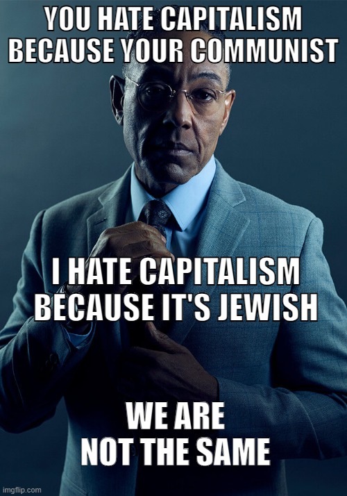 Gus Fring we are not the same | YOU HATE CAPITALISM BECAUSE YOUR COMMUNIST; I HATE CAPITALISM BECAUSE IT'S JEWISH; WE ARE NOT THE SAME | image tagged in gus fring we are not the same,memes,politics | made w/ Imgflip meme maker