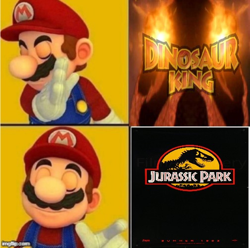 Mario prefers Jurassic Park over Dinosaur King | image tagged in drake hotline bling super mario,drake hotline bling,drake hotline approves,hotline bling,jurassic park,mario | made w/ Imgflip meme maker