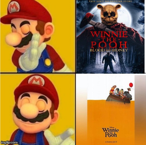 Mario prefers Winnie the Pooh (2011) over Winnie the Pooh: Blood and Honey | image tagged in drake hotline bling super mario,drake hotline bling,hotline bling,drake hotline approves,winnie the pooh,pooh | made w/ Imgflip meme maker