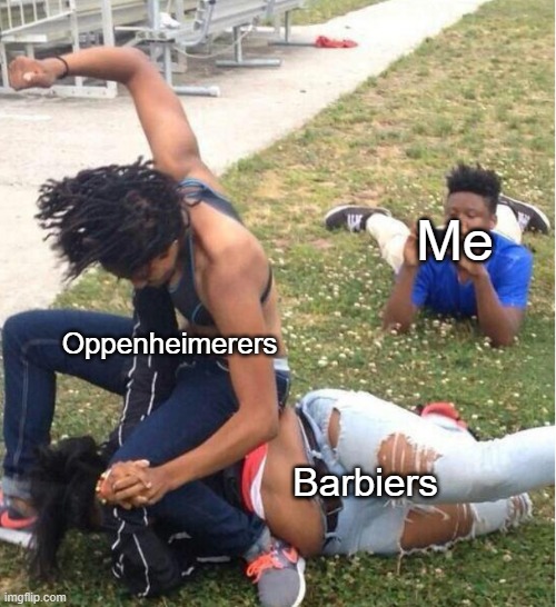 Sometimes we are on the same side | Me; Oppenheimerers; Barbiers | image tagged in guy recording a fight | made w/ Imgflip meme maker