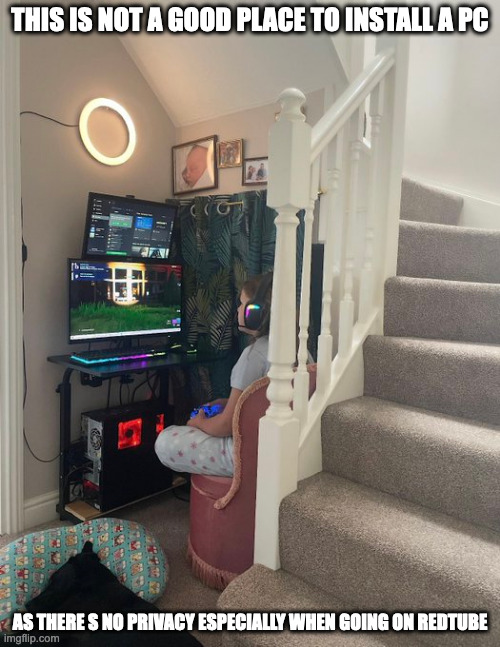 PC Below the Stairs | THIS IS NOT A GOOD PLACE TO INSTALL A PC; AS THERE S NO PRIVACY ESPECIALLY WHEN GOING ON REDTUBE | image tagged in computer,memes | made w/ Imgflip meme maker