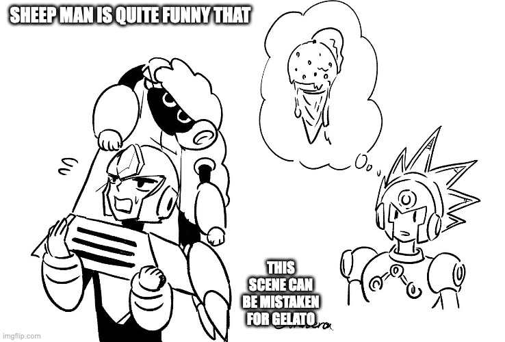Sheep Man on Top of Chill Man | SHEEP MAN IS QUITE FUNNY THAT; THIS SCENE CAN BE MISTAKEN FOR GELATO | image tagged in chillman,megaman,sheepman,blastman,memes | made w/ Imgflip meme maker
