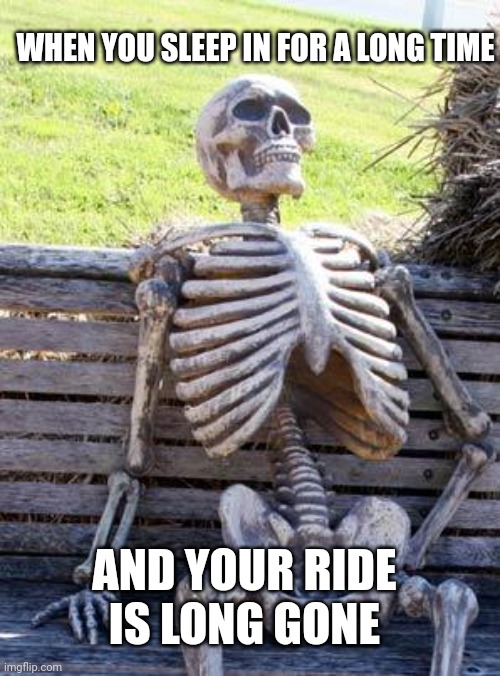 Waiting Skeleton | WHEN YOU SLEEP IN FOR A LONG TIME; AND YOUR RIDE IS LONG GONE | image tagged in memes,waiting skeleton | made w/ Imgflip meme maker