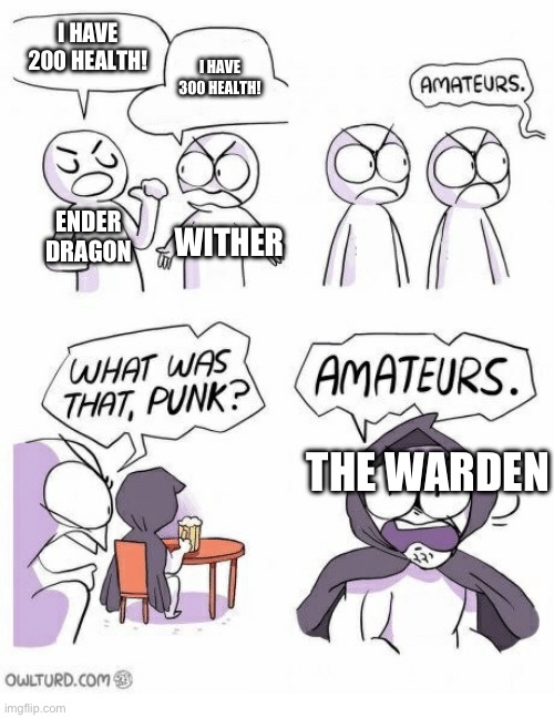 yes. the warden has 500 health. not 84 health. | I HAVE 200 HEALTH! I HAVE 300 HEALTH! ENDER DRAGON; WITHER; THE WARDEN | image tagged in amateurs,minecraft memes,minecraft | made w/ Imgflip meme maker