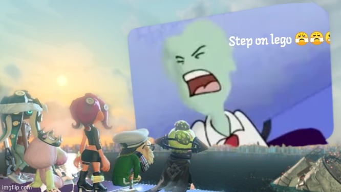 Figure 1b: Splatoon characters witness mayor Spryman step on a lego. (1987) (colorized) | made w/ Imgflip meme maker