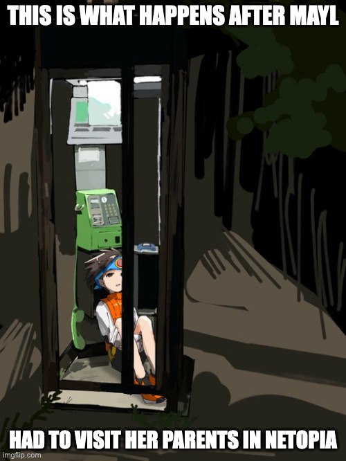 Lan in a Phonebooth | THIS IS WHAT HAPPENS AFTER MAYL; HAD TO VISIT HER PARENTS IN NETOPIA | image tagged in lan hikari,memes,megaman battle network | made w/ Imgflip meme maker