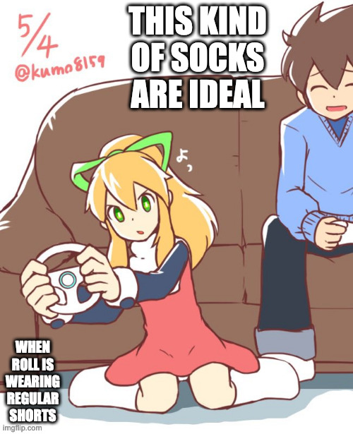 Roll WIth White Knee Socks | THIS KIND OF SOCKS IS IDEAL; WHEN ROLL IS WEARING REGULAR SHORTS | image tagged in roll,megaman,rock,memes | made w/ Imgflip meme maker