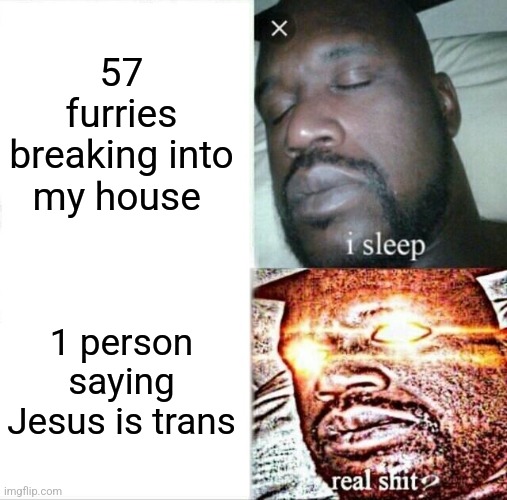 Sleeping Shaq | 57 furries breaking into my house; 1 person saying Jesus is trans | image tagged in memes,sleeping shaq | made w/ Imgflip meme maker
