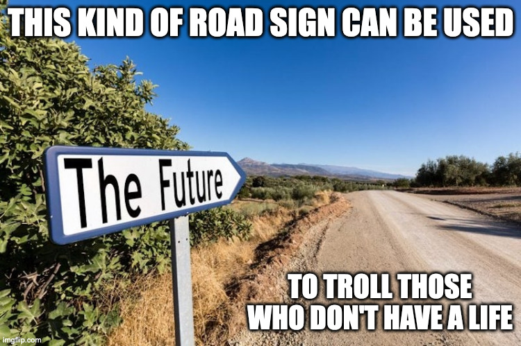 "The Future" Sign | THIS KIND OF ROAD SIGN CAN BE USED; TO TROLL THOSE WHO DON'T HAVE A LIFE | image tagged in road signs,memes | made w/ Imgflip meme maker
