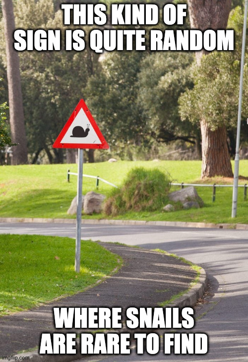 Snail Sign | THIS KIND OF SIGN IS QUITE RANDOM; WHERE SNAILS ARE RARE TO FIND | image tagged in road signs,memes | made w/ Imgflip meme maker
