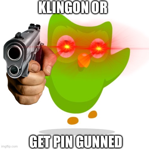 Duo | KLINGON OR; GET PIN GUNNED | image tagged in duolingo,duolingo bird,andrewrewrite15 | made w/ Imgflip meme maker