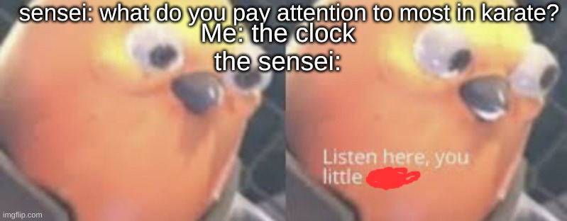 Listen here you little ___ bird | sensei: what do you pay attention to most in karate? Me: the clock
the sensei: | image tagged in listen here you little shit bird | made w/ Imgflip meme maker