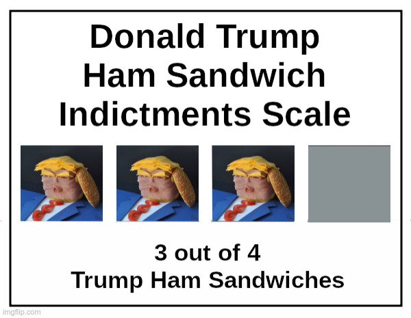 Trump supporters claim that a good prosecutor could indict a Ham Sandwich? Well, here's where Trump lands on that scale. | image tagged in donald trump,ham sandwich,indictments,indicted | made w/ Imgflip meme maker