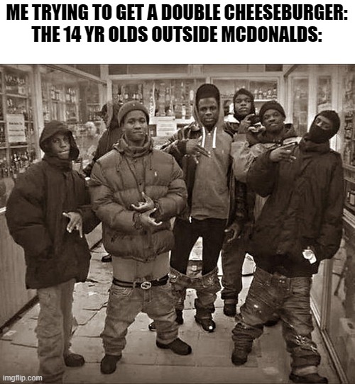 kids be scary | ME TRYING TO GET A DOUBLE CHEESEBURGER:
THE 14 YR OLDS OUTSIDE MCDONALDS: | image tagged in all my homies hate | made w/ Imgflip meme maker