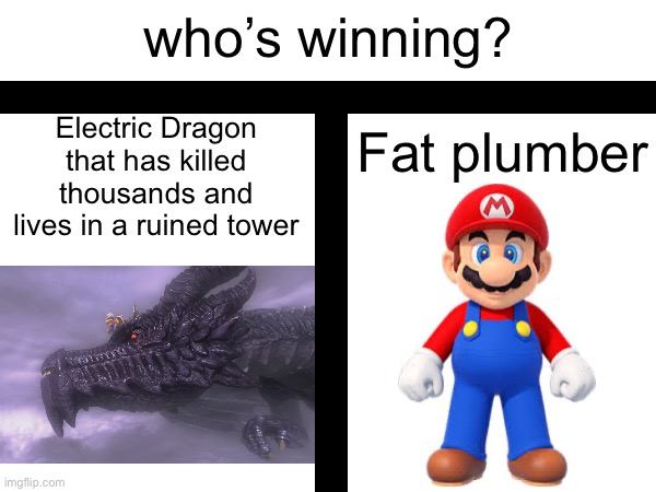 Final fantasy dragon vs mario | who’s winning? Electric Dragon that has killed thousands and lives in a ruined tower; Fat plumber | image tagged in mario | made w/ Imgflip meme maker