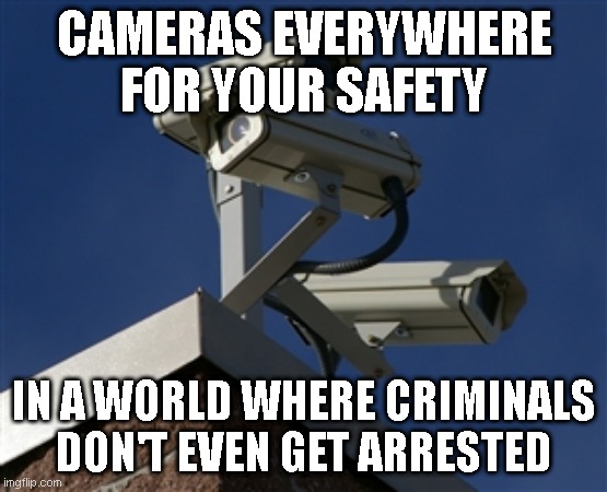 it obviously has nothing to do with crime, thats just the excuse | CAMERAS EVERYWHERE FOR YOUR SAFETY; IN A WORLD WHERE CRIMINALS DON'T EVEN GET ARRESTED | image tagged in surveillance camera | made w/ Imgflip meme maker