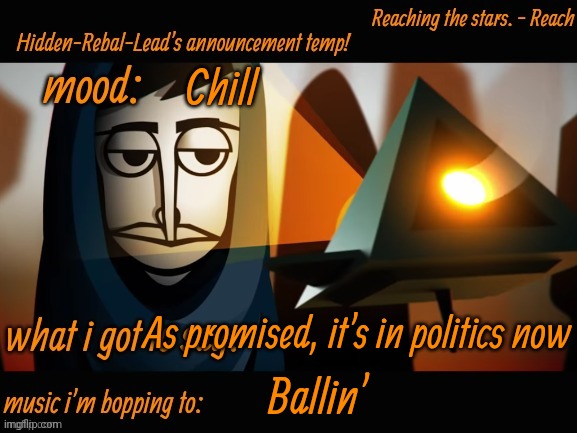 I'm honest on my promises | Chill; As promised, it's in politics now; Ballin' | image tagged in hidden-rebal-leads announcement temp,memes,funny,sammy | made w/ Imgflip meme maker