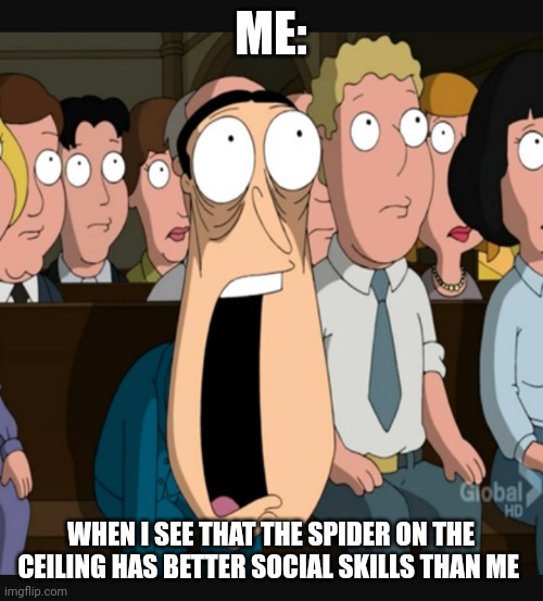 Even the spider is better at social skills | ME:; WHEN I SEE THAT THE SPIDER ON THE CEILING HAS BETTER SOCIAL SKILLS THAN ME | image tagged in quagmire jaw drop | made w/ Imgflip meme maker