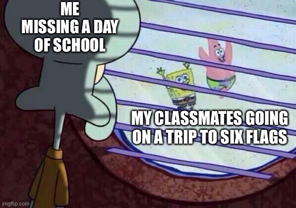 my 7th period played kahoot while I had a dentist appointment | ME MISSING A DAY OF SCHOOL; MY CLASSMATES GOING ON A TRIP TO SIX FLAGS | image tagged in squidward window | made w/ Imgflip meme maker