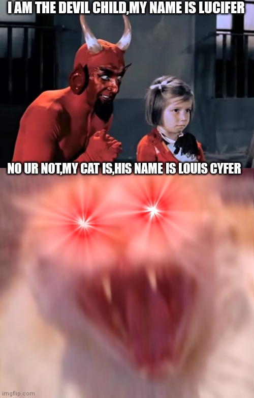 I AM THE DEVIL CHILD,MY NAME IS LUCIFER; NO UR NOT,MY CAT IS,HIS NAME IS LOUIS CYFER | image tagged in diabo vai l,angry cat | made w/ Imgflip meme maker