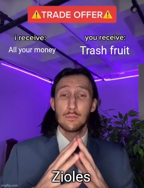 Scammer... | All your money; Trash fruit; Zioles | image tagged in trade offer | made w/ Imgflip meme maker