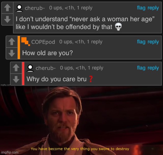 Although I wasn’t so much offended as I was confused lmao | image tagged in you have become the very thing you swore to destroy | made w/ Imgflip meme maker