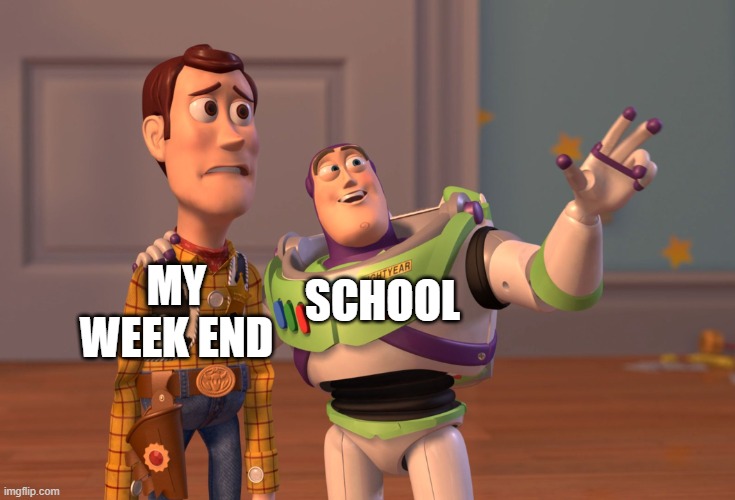 school sucks | MY WEEK END; SCHOOL | image tagged in memes,x x everywhere | made w/ Imgflip meme maker