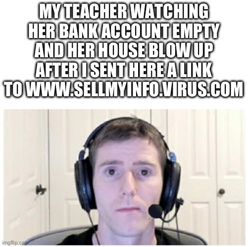 I DDoS my school wifi | MY TEACHER WATCHING HER BANK ACCOUNT EMPTY AND HER HOUSE BLOW UP AFTER I SENT HERE A LINK TO WWW.SELLMYINFO.VIRUS.COM | image tagged in sad linus | made w/ Imgflip meme maker