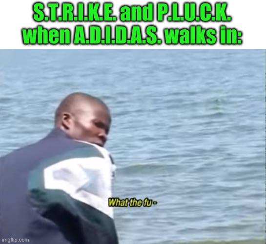 What the fu- | S.T.R.I.K.E. and P.L.U.C.K. when A.D.I.D.A.S. walks in: | image tagged in what the fu- | made w/ Imgflip meme maker