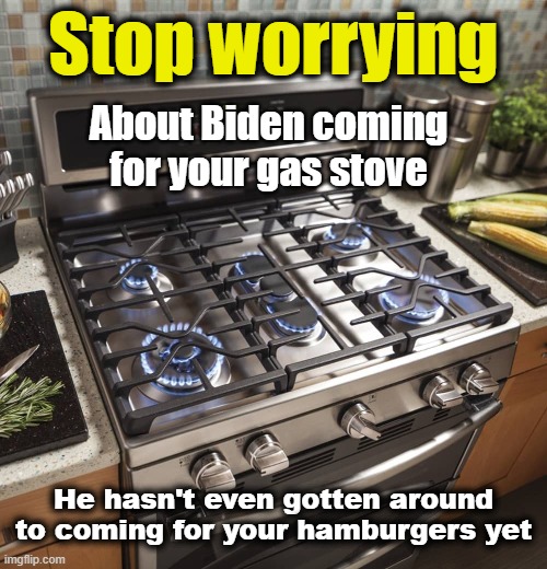 Coming for your gas stove | Stop worrying; About Biden coming
for your gas stove; He hasn't even gotten around to coming for your hamburgers yet | made w/ Imgflip meme maker