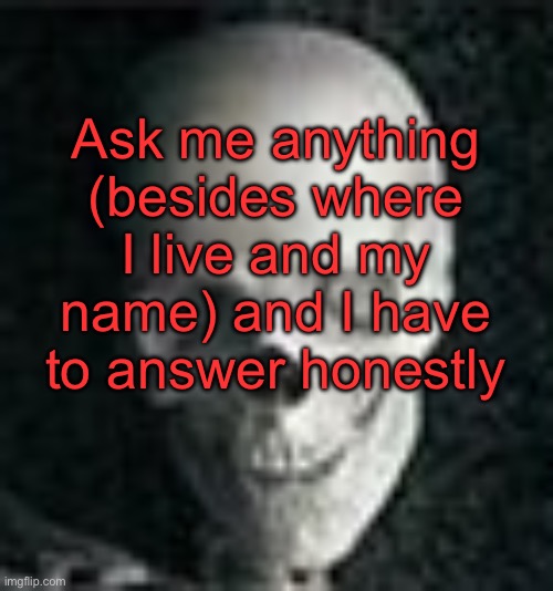 I’m bored, so why not | Ask me anything (besides where I live and my name) and I have to answer honestly | image tagged in skull | made w/ Imgflip meme maker