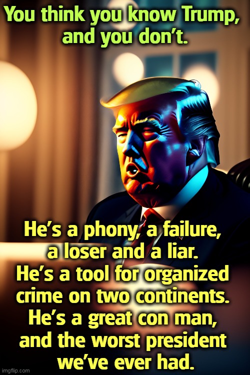 The real Trump. | You think you know Trump, 
and you don't. He's a phony, a failure, 
a loser and a liar. 
He's a tool for organized 
crime on two continents. 
He's a great con man, 
and the worst president 
we've ever had. | image tagged in trump,phony,failure,loser,liar,con man | made w/ Imgflip meme maker