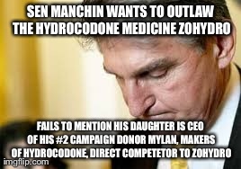 SEN MANCHIN WANTS TO OUTLAW THE HYDROCODONE MEDICINE ZOHYDRO FAILS TO MENTION HIS DAUGHTER IS CEO OF HIS #2 CAMPAIGN DONOR MYLAN, MAKERS OF  | made w/ Imgflip meme maker