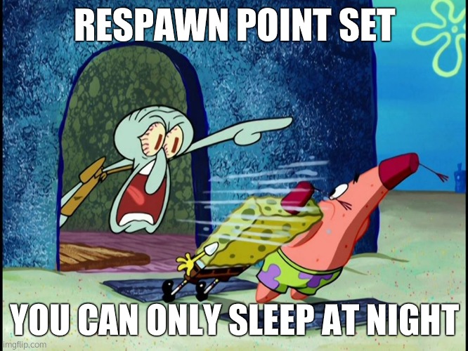 Yelling Squidward | RESPAWN POINT SET; YOU CAN ONLY SLEEP AT NIGHT | image tagged in yelling squidward | made w/ Imgflip meme maker