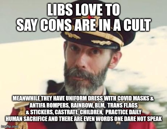 Captain Obvious | LIBS LOVE TO SAY CONS ARE IN A CULT; MEANWHILE THEY HAVE UNIFORM DRESS WITH COVID MASKS & 
ANTIFA ROMPERS, RAINBOW, BLM,  TRANS FLAGS & STICKERS, CASTRATE  CHILDREN,  PRACTICE DAILY HUMAN SACRIFICE AND THERE ARE EVEN WORDS ONE DARE NOT SPEAK | image tagged in captain obvious | made w/ Imgflip meme maker