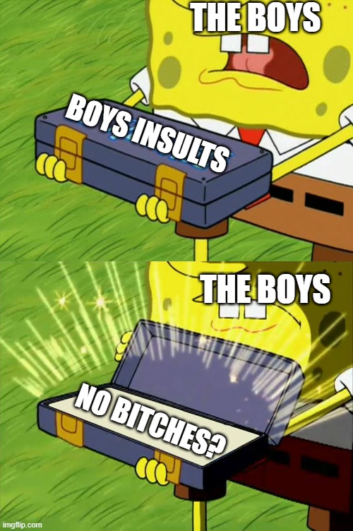 still no bitches? | THE BOYS; BOYS INSULTS; THE BOYS; NO BITCHES? | image tagged in ol' reliable | made w/ Imgflip meme maker