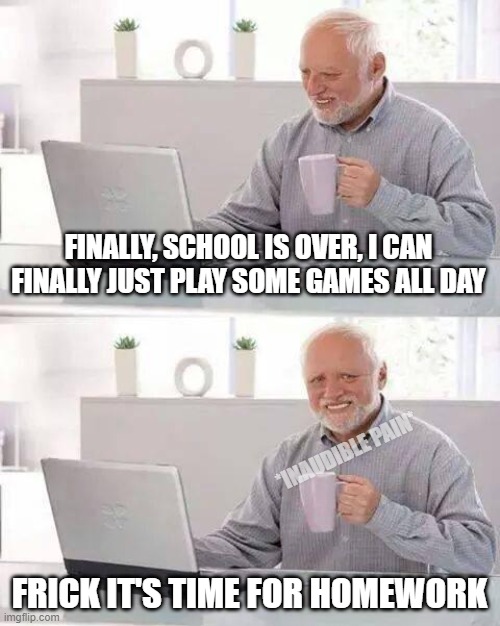 i can- oh frick | FINALLY, SCHOOL IS OVER, I CAN FINALLY JUST PLAY SOME GAMES ALL DAY; *INAUDIBLE PAIN*; FRICK IT'S TIME FOR HOMEWORK | image tagged in memes,hide the pain harold | made w/ Imgflip meme maker