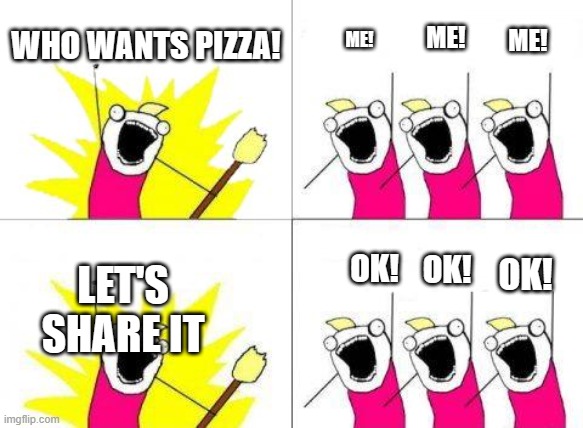 What Do We Want | ME! ME! ME! WHO WANTS PIZZA! OK! OK! OK! LET'S SHARE IT | image tagged in memes,what do we want | made w/ Imgflip meme maker