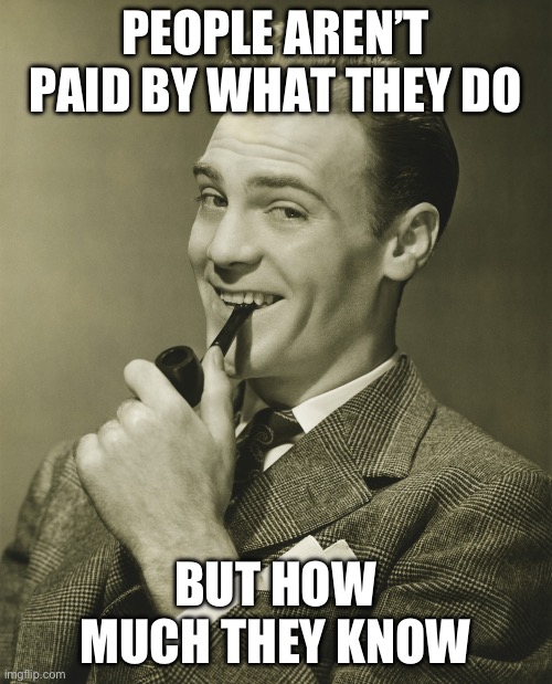 Smug | PEOPLE AREN’T PAID BY WHAT THEY DO BUT HOW MUCH THEY KNOW | image tagged in smug | made w/ Imgflip meme maker