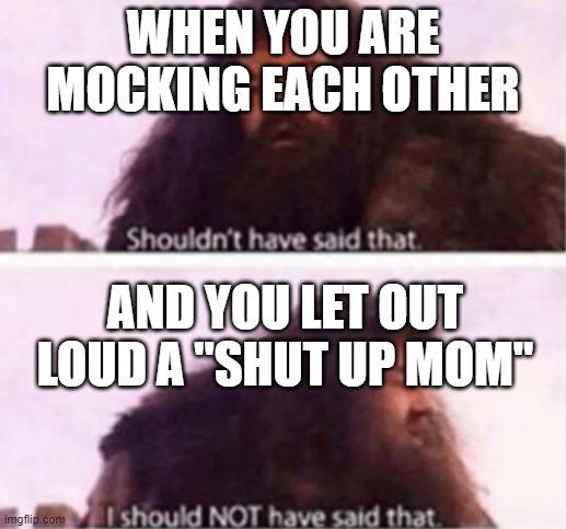 you dead | WHEN YOU ARE MOCKING EACH OTHER; AND YOU LET OUT LOUD A "SHUT UP MOM" | image tagged in shouldn't have said that | made w/ Imgflip meme maker
