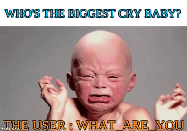 Baby crying | WHO'S THE BIGGEST CRY BABY? THE USER : WHAT_ARE_YOU | image tagged in baby crying | made w/ Imgflip meme maker