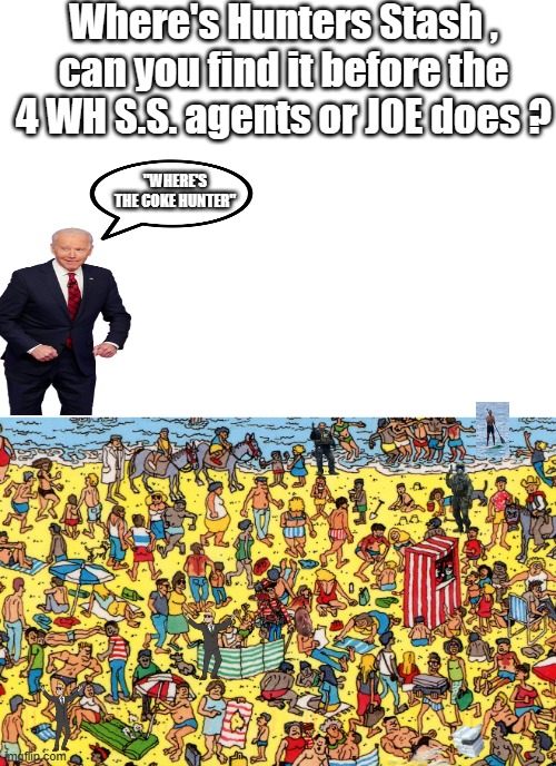 2.0 theres Kilos on the Beach 4 agents & hunter looking for it and Barry paddle boarding | Where's Hunters Stash , can you find it before the 4 WH S.S. agents or JOE does ? "WHERE'S THE COKE HUNTER" | image tagged in democrats,criminals,nwo | made w/ Imgflip meme maker